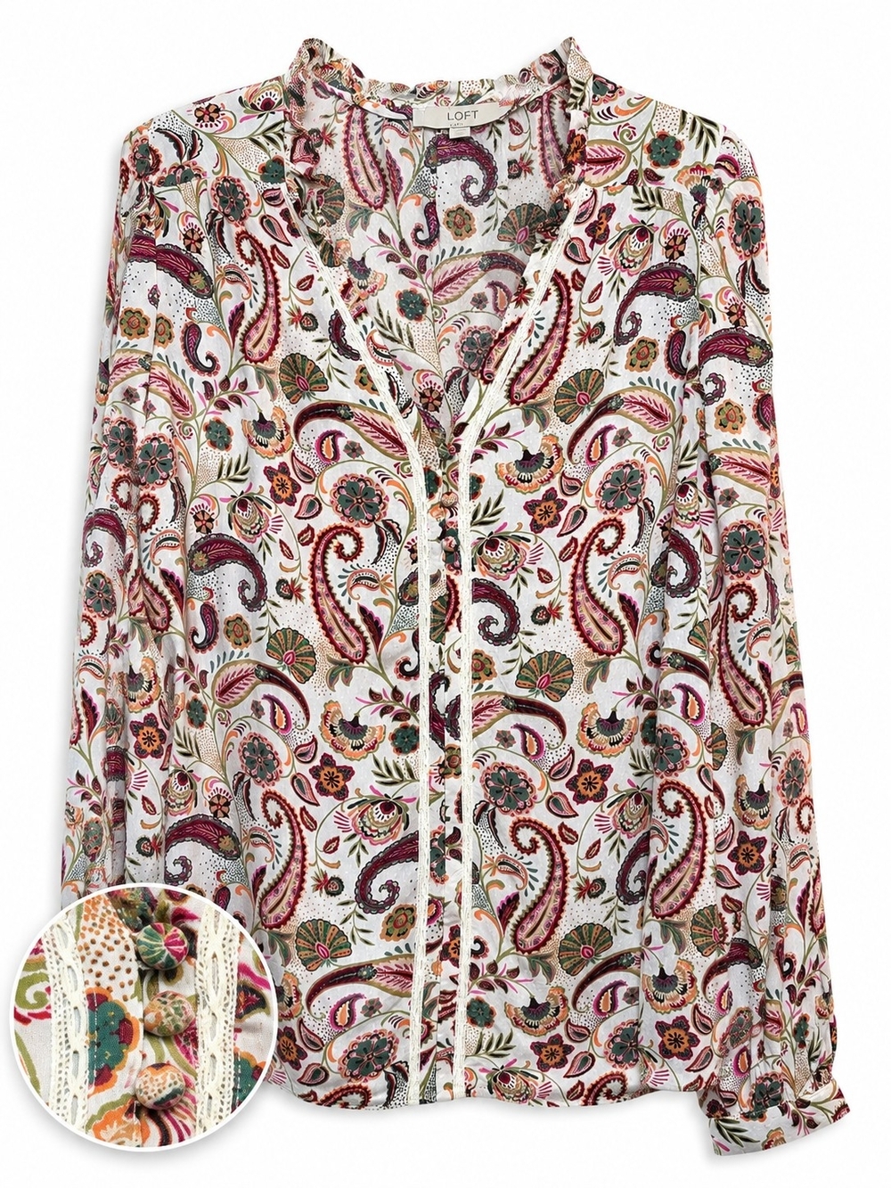 LOFT Paisley Floral Blouse Medium 100% Rayon Lace Trim Boho